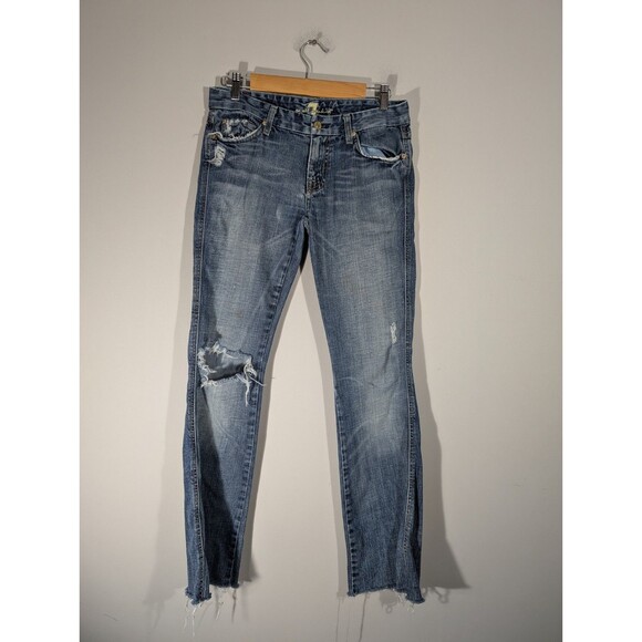 7 For All Mankind Womens Low Rise Destroyed Jeans Sz 28 Grunge Boho Festival - Picture 1 of 12